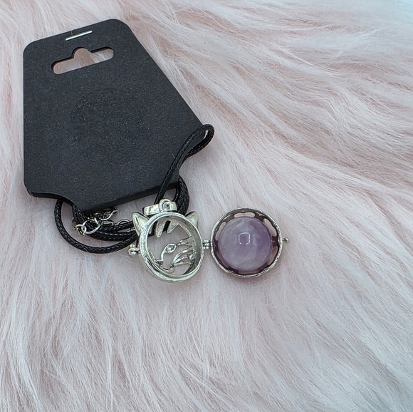 Purple Kunzite Sphere Crystal w/ Kitty Cat Locket Necklace - Picture 6 of 7
